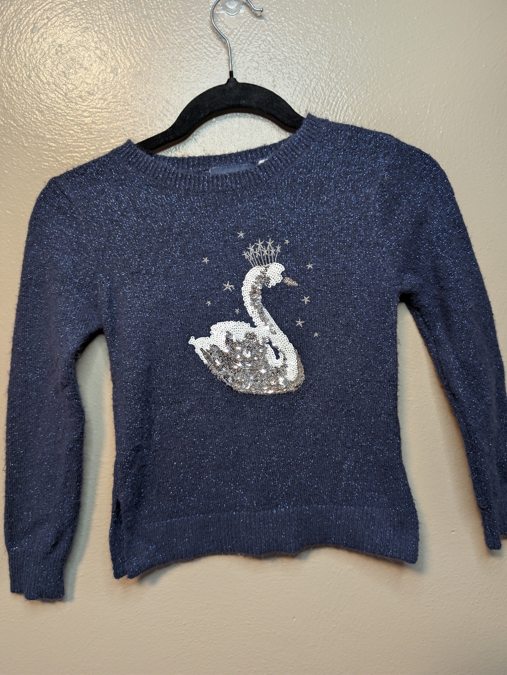 Sparkly sequin swan knit sweater Small 5/6 Girls